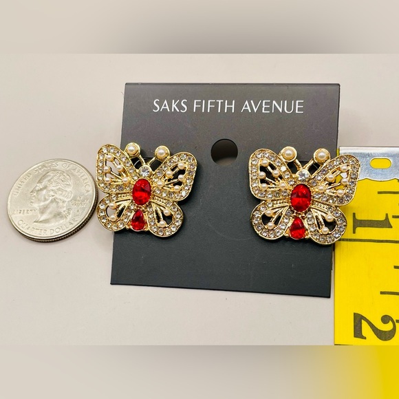 Saks Fifth Avenue Gold and Red Butterfly Earrings - Picture 5 of 5